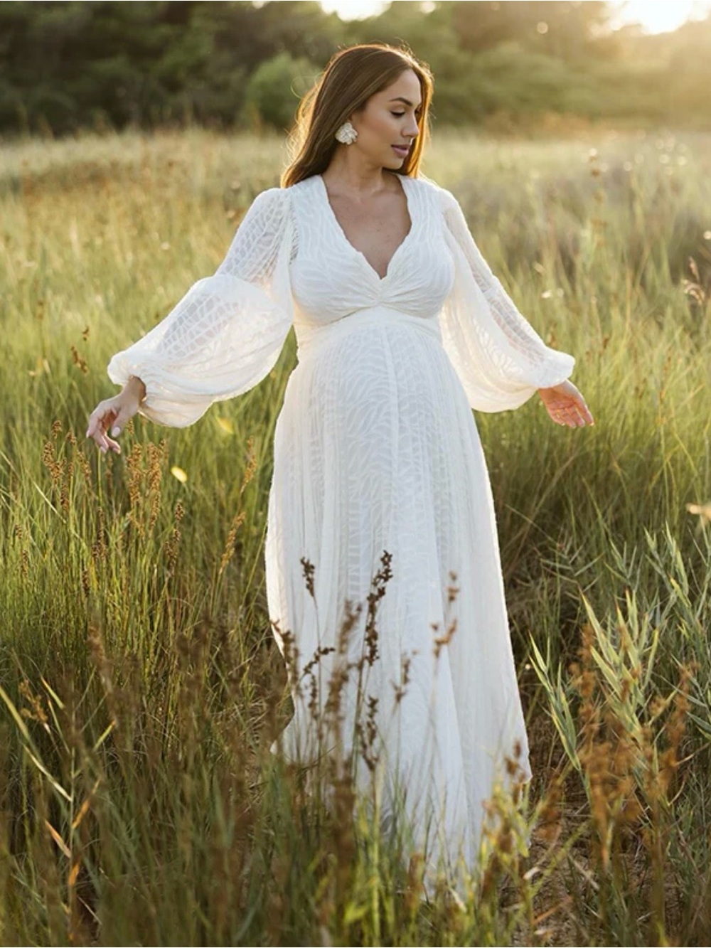 White Maternity Maxi Dress with V-Neck and Balloon Sleeves
